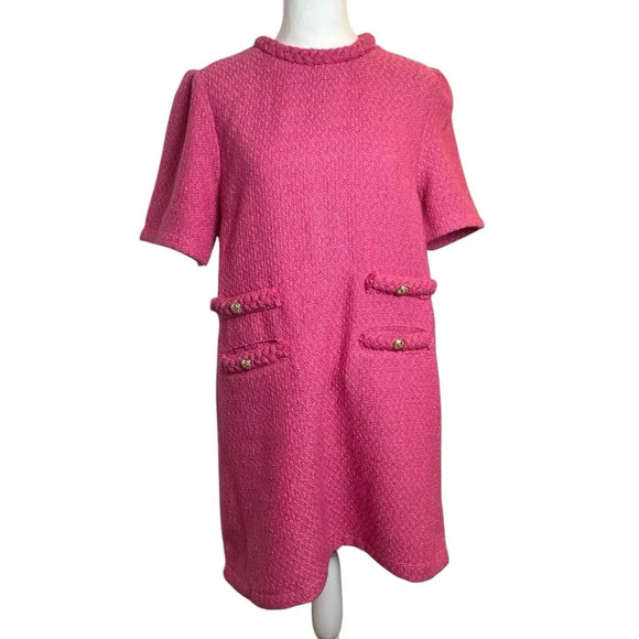 VOY Kennedy Pink Tweed Dress Double Pocket Braid Neck Medium Clueless NWOT - Picture 4 of 11